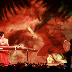 任洁(古筝)与郝博(手鼓)共同演奏《西域随想》时的风采