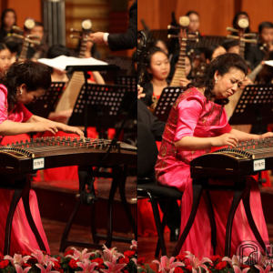 周望老师在曲中的演奏手法，充分体现了陕西流派筝曲的特点，加之乐队的衬托，宛有“凄凄切切断肠声”、“指滑音柔万重情“的意味。（图为周望老师演奏《凄凉曲》时的风采）